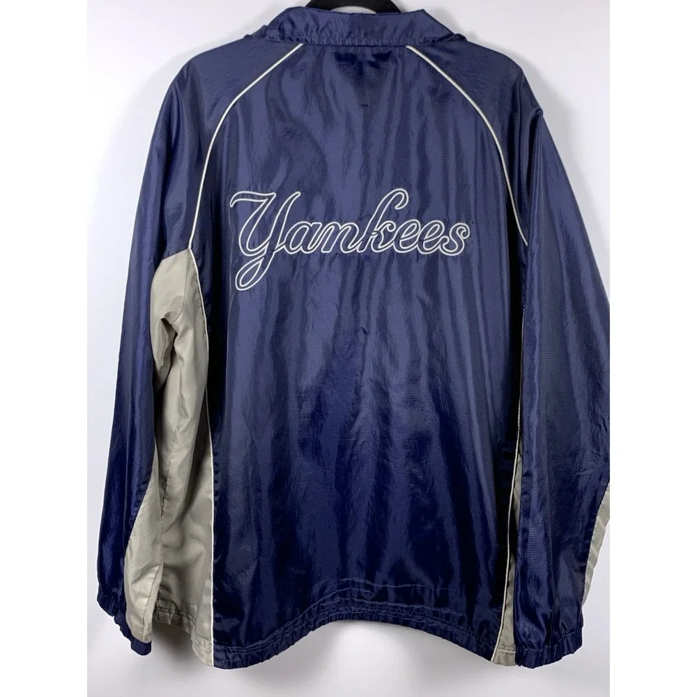 NY Yankees Jacket Mens L Blue Hooded Windbreaker Full Zip MLB Baseball